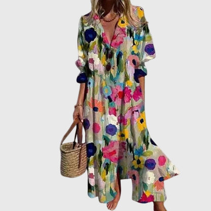 Paulina Abito Donna con Scollo a V a Maniche Lunghe in Lunghezza Maxi e Stampa Floreale, foto 1