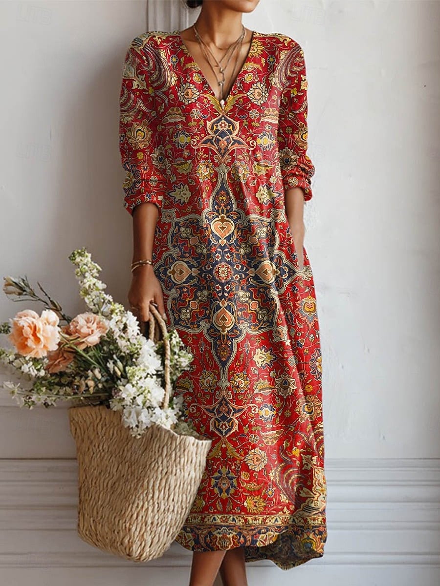 Primarosa Abito Donna con Scollo a V a Maniche Lunghe in Lunghezza Midi e Stampa Floreale, foto 1