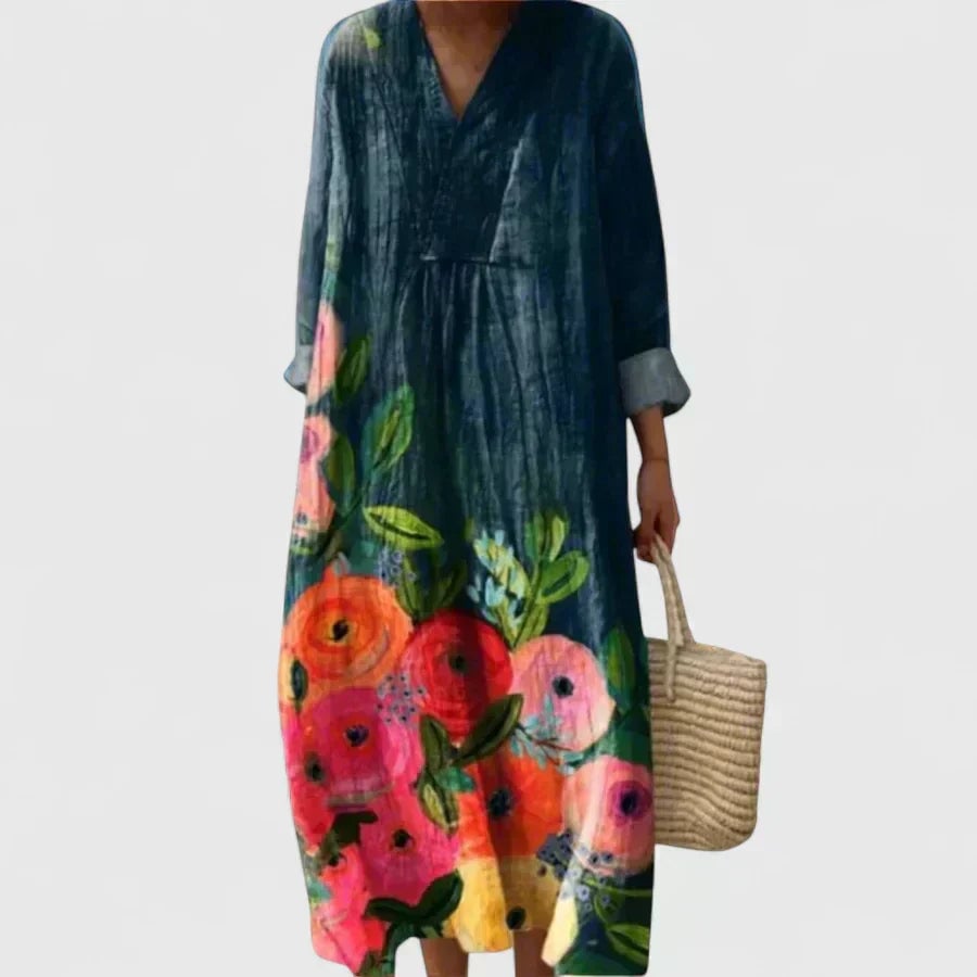 Rebecca Abito Donna con Scollo a V a Maniche Lunghe in Lunghezza Maxi e Stampa Floreale in Blu Oceano a Fiori, foto 1