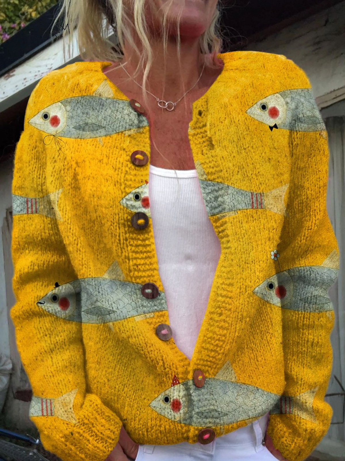 Sabrina Cardigan Donna in Maglia con Girocollo e Stampa Integrale, foto 1