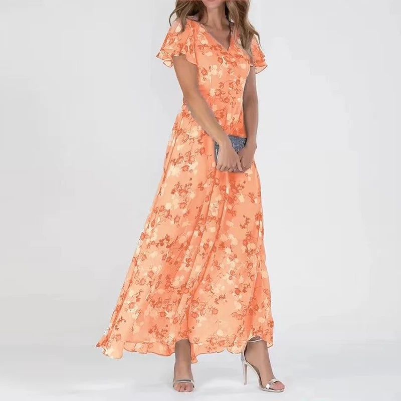 Tea Abito Donna con Scollo a V a Maniche Corte in Lunghezza Maxi e Stampa Floreale e Volant, foto 1