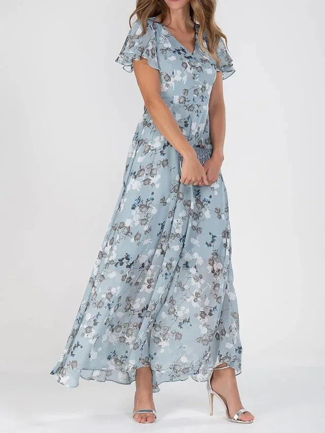 Tea Abito Donna con Scollo a V a Maniche Corte in Lunghezza Maxi e Stampa Floreale e Volant, foto 2