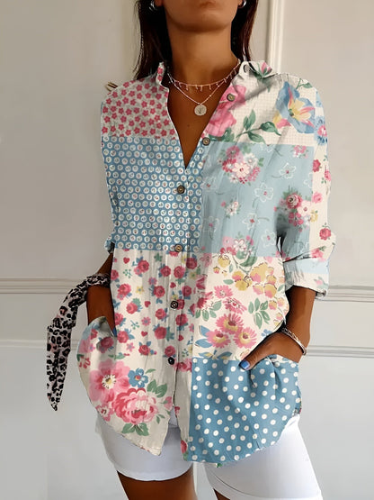 Vilia Blusa Donna con Collo Classico con Bottoni a Maniche Lunghe e Stampa Floreale e Ricamo, foto 2