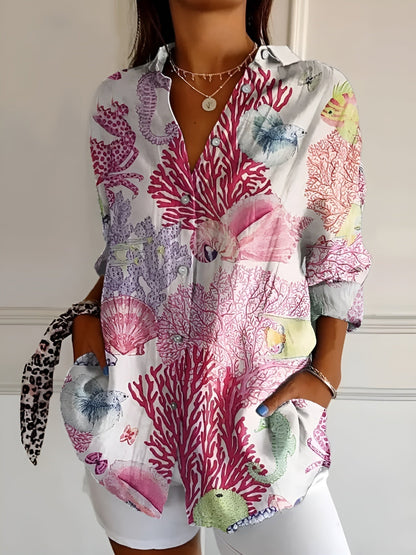 Vilia Blusa Donna con Collo Classico con Bottoni a Maniche Lunghe e Stampa Floreale e Ricamo, foto 3