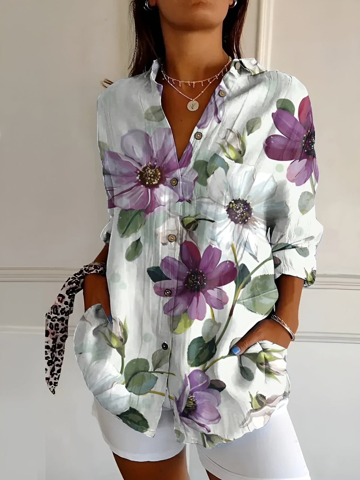 Vilia Blusa Donna con Collo Classico con Bottoni a Maniche Lunghe e Stampa Floreale e Ricamo, foto 5