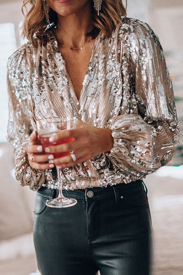 Vincenzina Blusa Donna con Scollo a V con Maniche a Sbuffo e Paillettes, foto 1