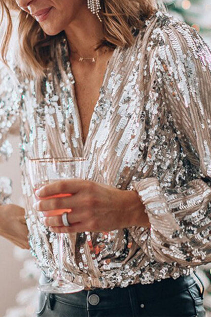 Vincenzina Blusa Donna con Scollo a V con Maniche a Sbuffo e Paillettes, foto 3