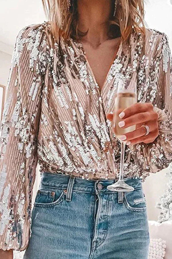 Vincenzina Blusa Donna con Scollo a V con Maniche a Sbuffo e Paillettes, foto 5
